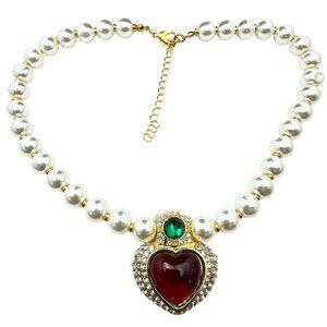 Womens Red Heart Rhinestone Faux Pearl Gold Tone Pendant Necklace New
